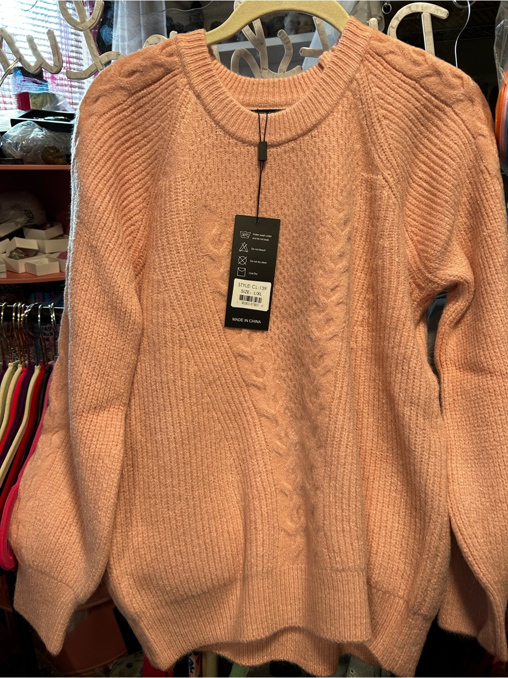 Source Unknown Peach Cable-Knit Crewneck Sweater